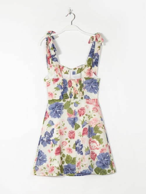 Sling Tie Flower Print Square Neck A-line Skirt Dress Short Skirt Summ