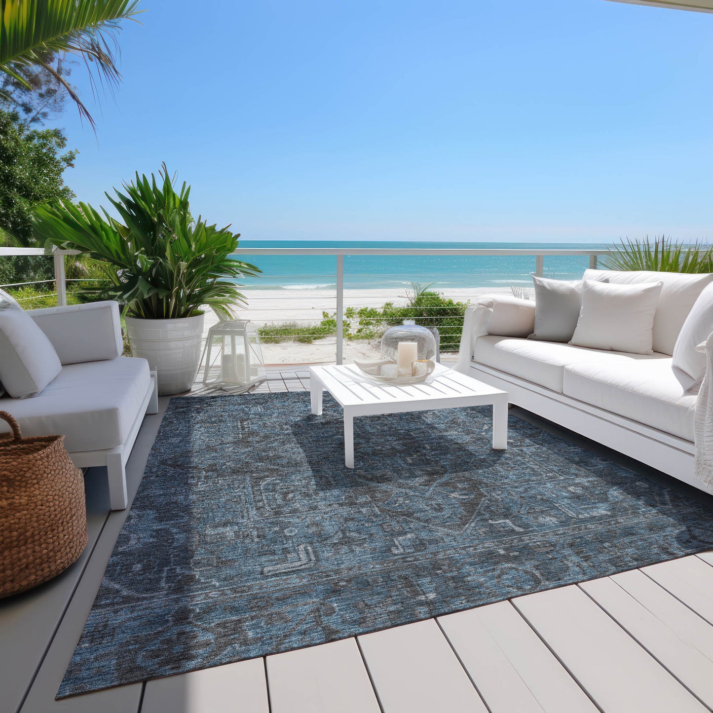 8' X 10' Navy and Black Oriental Washable Non Skid Indoor Outdoor Area Rug-7