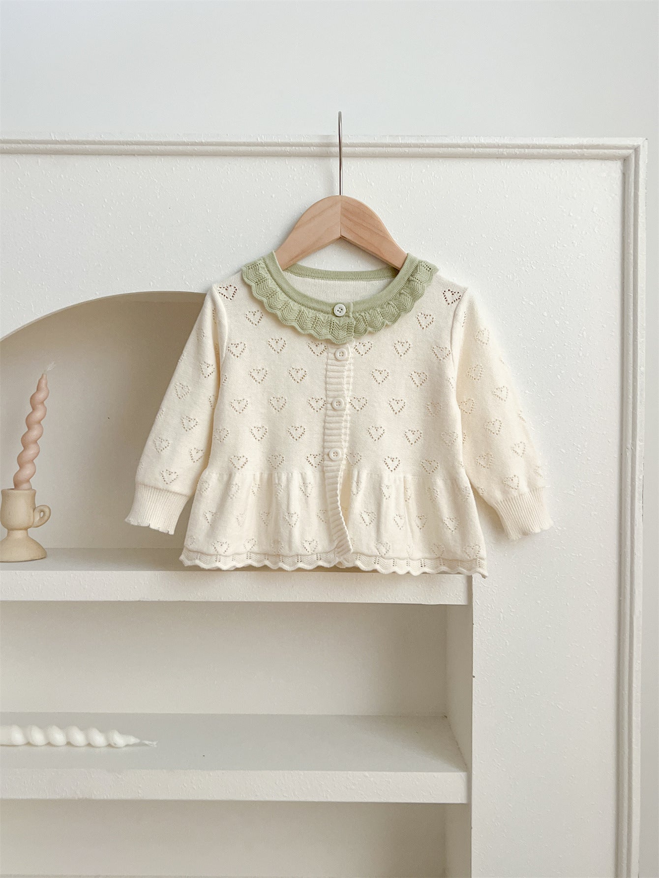 Autumn New Arrival Baby Kids Girls Comfortable Hollow-out Design Knitted Long Sleeves Top with Heart Pattern and Collar-1