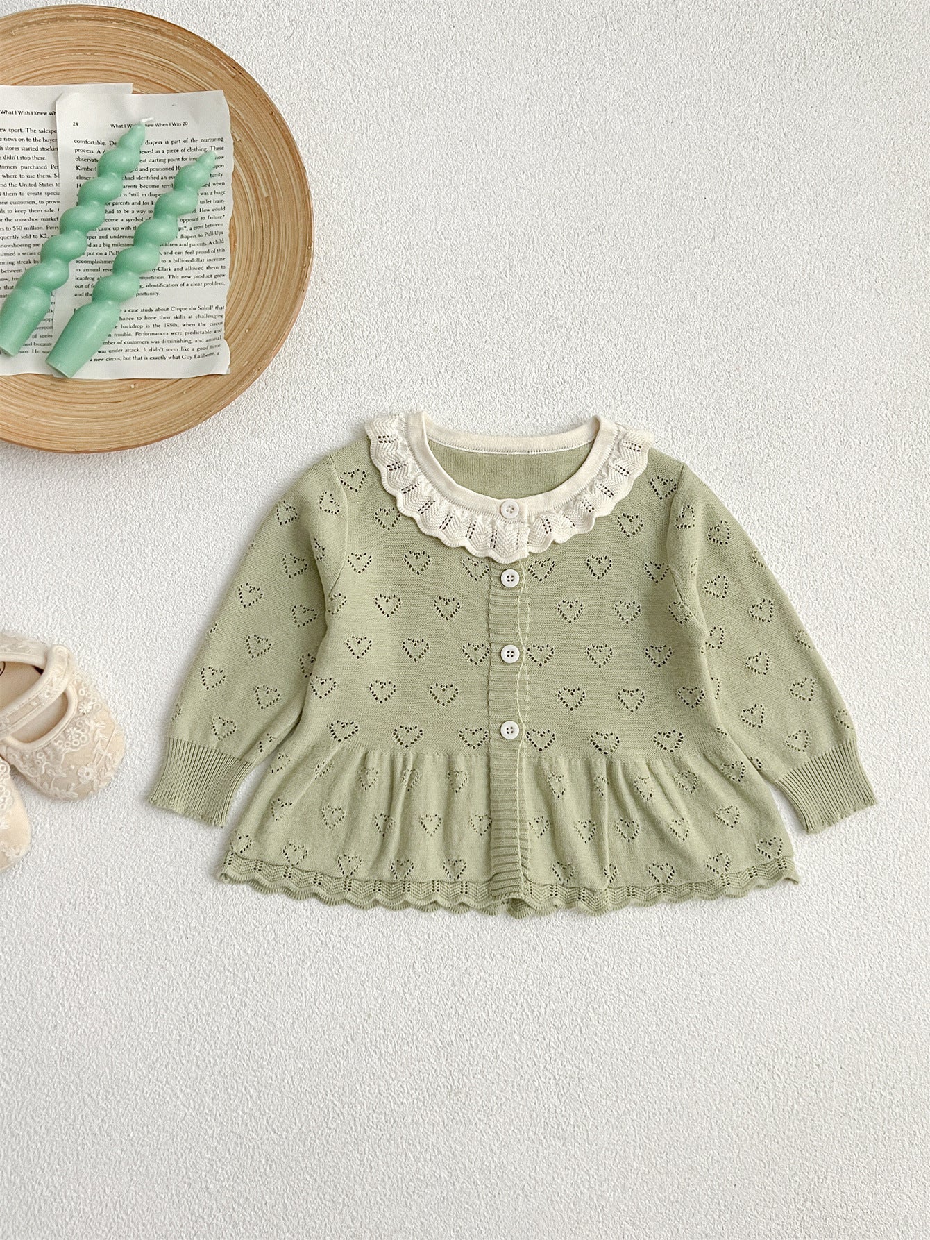 Autumn New Arrival Baby Kids Girls Comfortable Hollow-out Design Knitted Long Sleeves Top with Heart Pattern and Collar-2