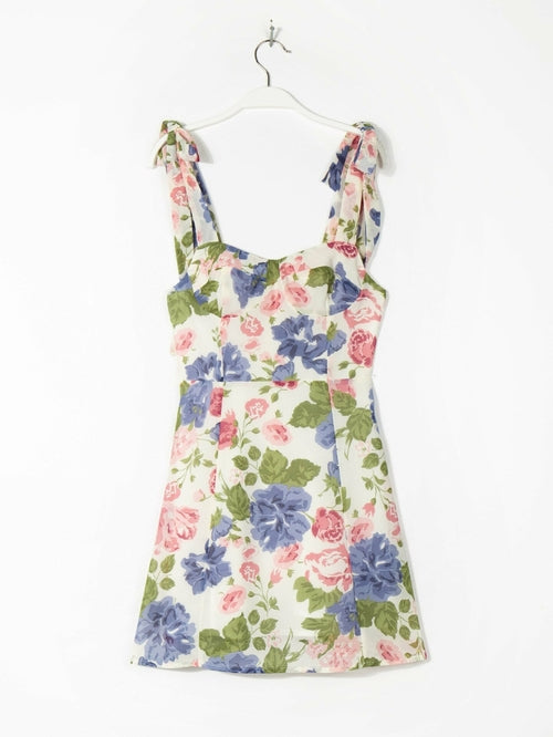 Sling Tie Flower Print Square Neck A-line Skirt Dress Short Skirt Summ
