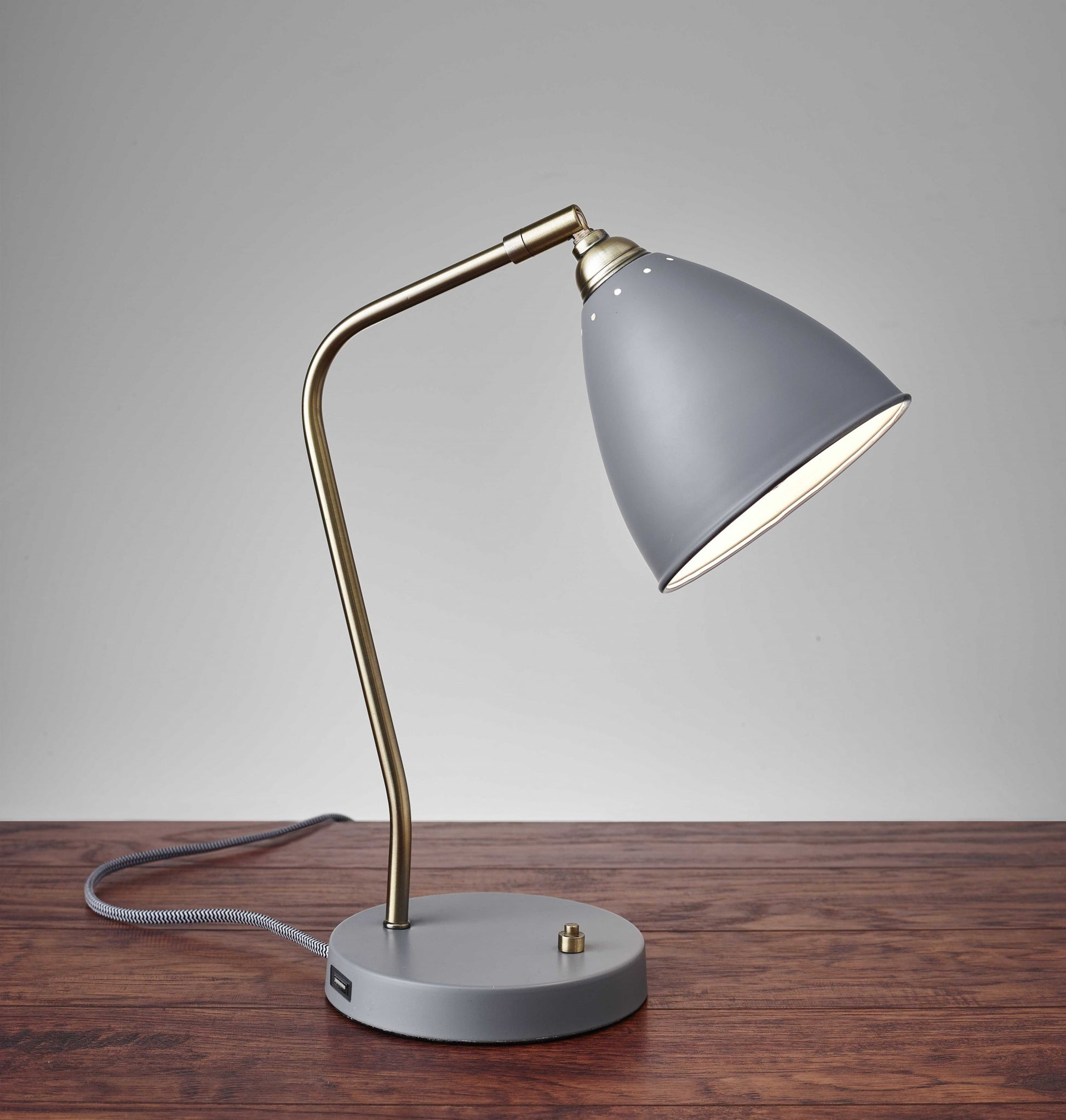 Grey Metal And Antique Brass Adjustable Usb Port Desk Lamp-7
