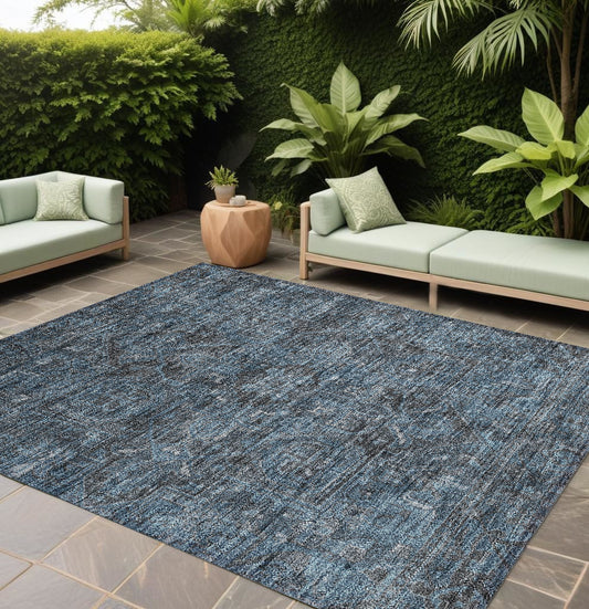 8' X 10' Navy and Black Oriental Washable Non Skid Indoor Outdoor Area Rug-0