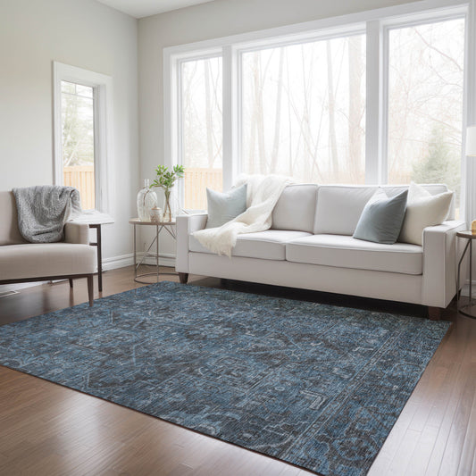 8' X 10' Navy and Black Oriental Washable Non Skid Indoor Outdoor Area Rug-8