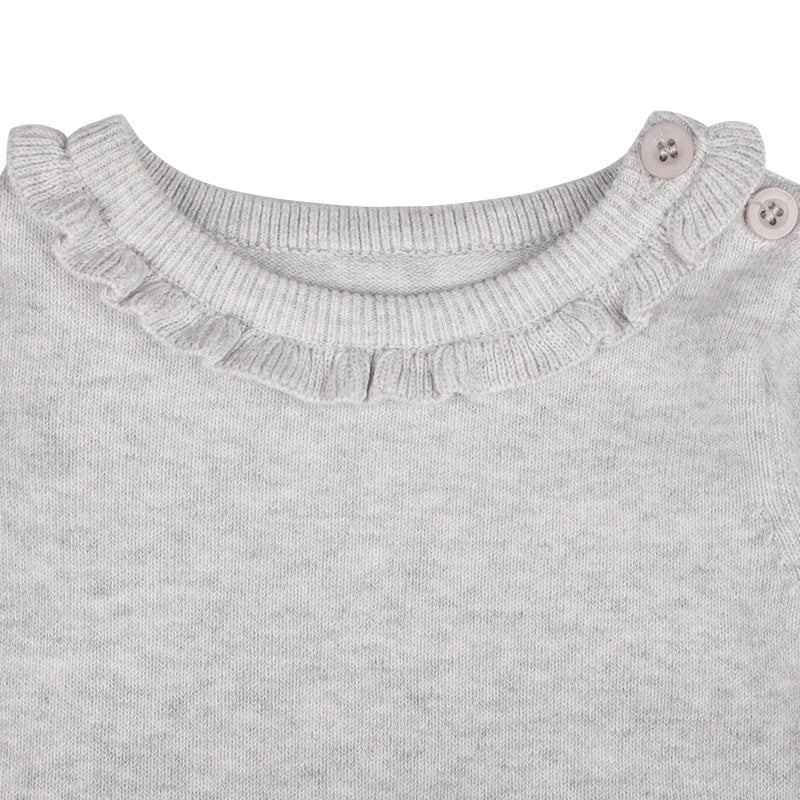 Baby Girl Solid Color Ruffle Collar Long Sleeves Knit Simple Jumpsuit-2